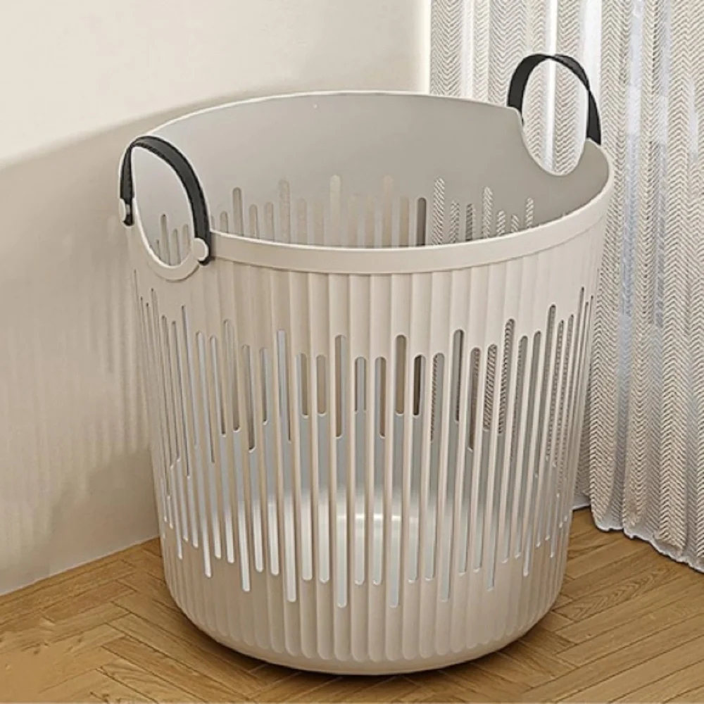 Japandi Scandinavian Modern Slotted Laundry Basket Leather Handles New Gray Tote